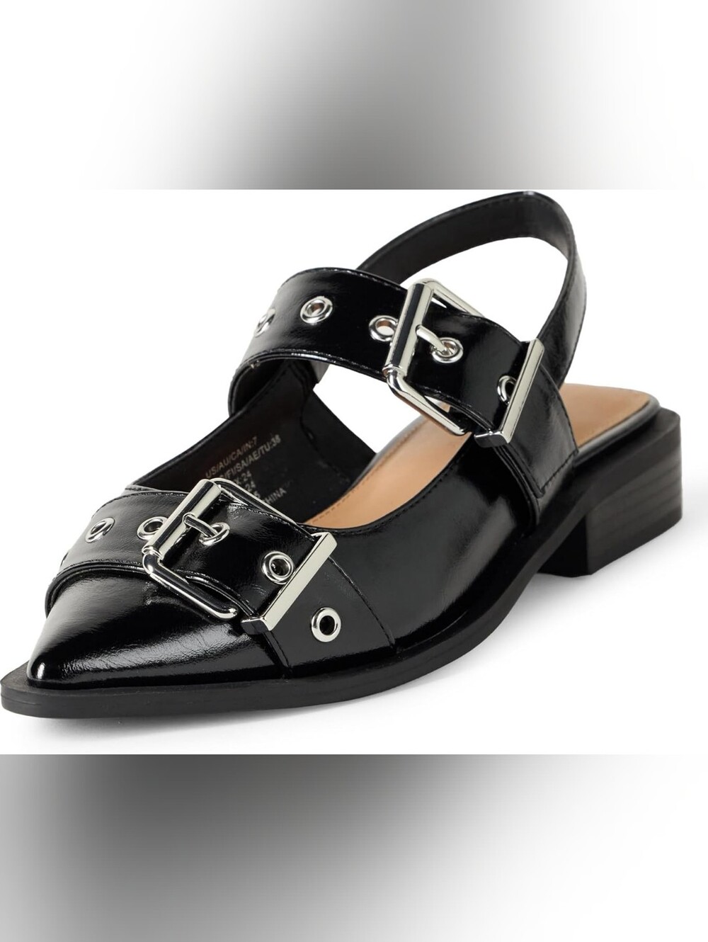 THE DROP - Evie Moto Black Buckle Pointed-Toe Slingback Flats